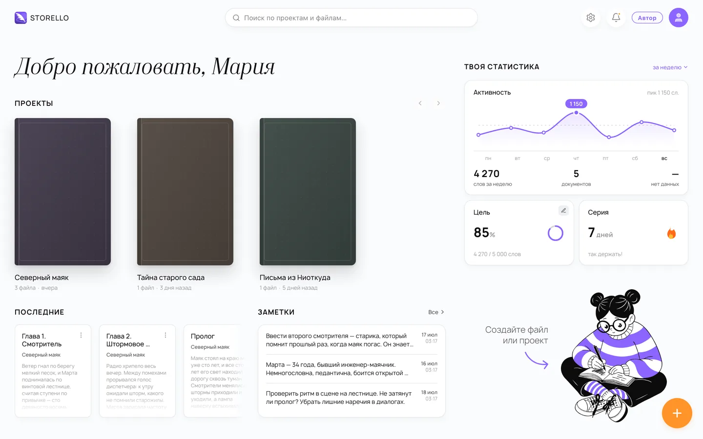 Главный экран Storello: обложки проектов слева, последние тексты и заметки внизу, статистика письма справа